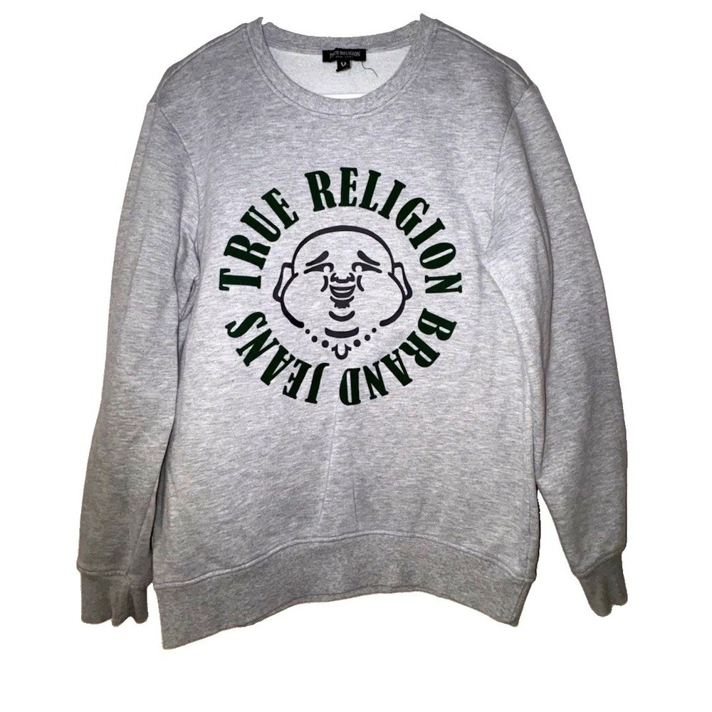 True Religion Men's Gray Cotton Fleece Crewneck Graphic Logo Pullover M